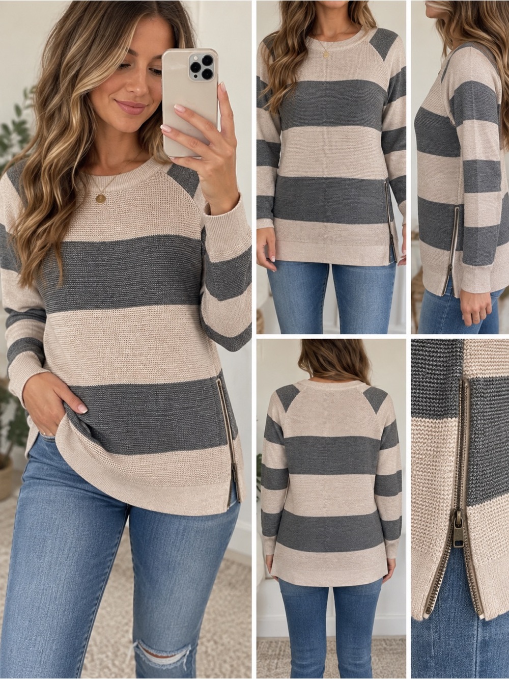 Poof Striped Knit Sweater Side Zip Neutral Gray Beige Pullover size Medium